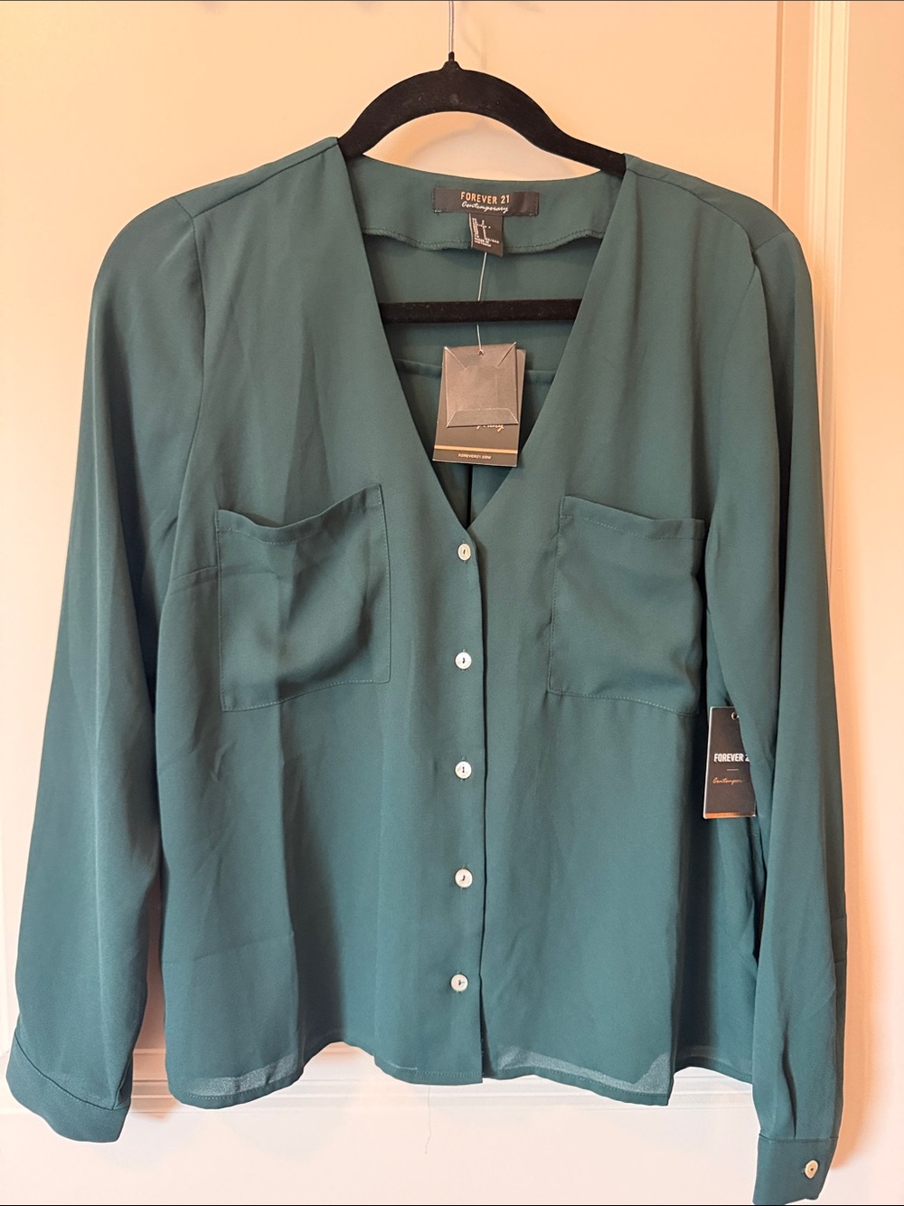 Forever 21 Teal Button-Front V-Neck Shirt